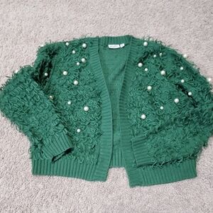 Mighty Fine Faux Pearl Green Textured Women's Cropped Cardigan